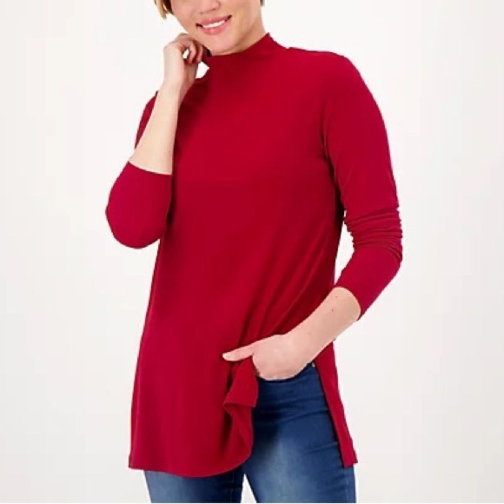 Susan Graver Every Day Petite Liquid Knit Mock-Neck Tunic